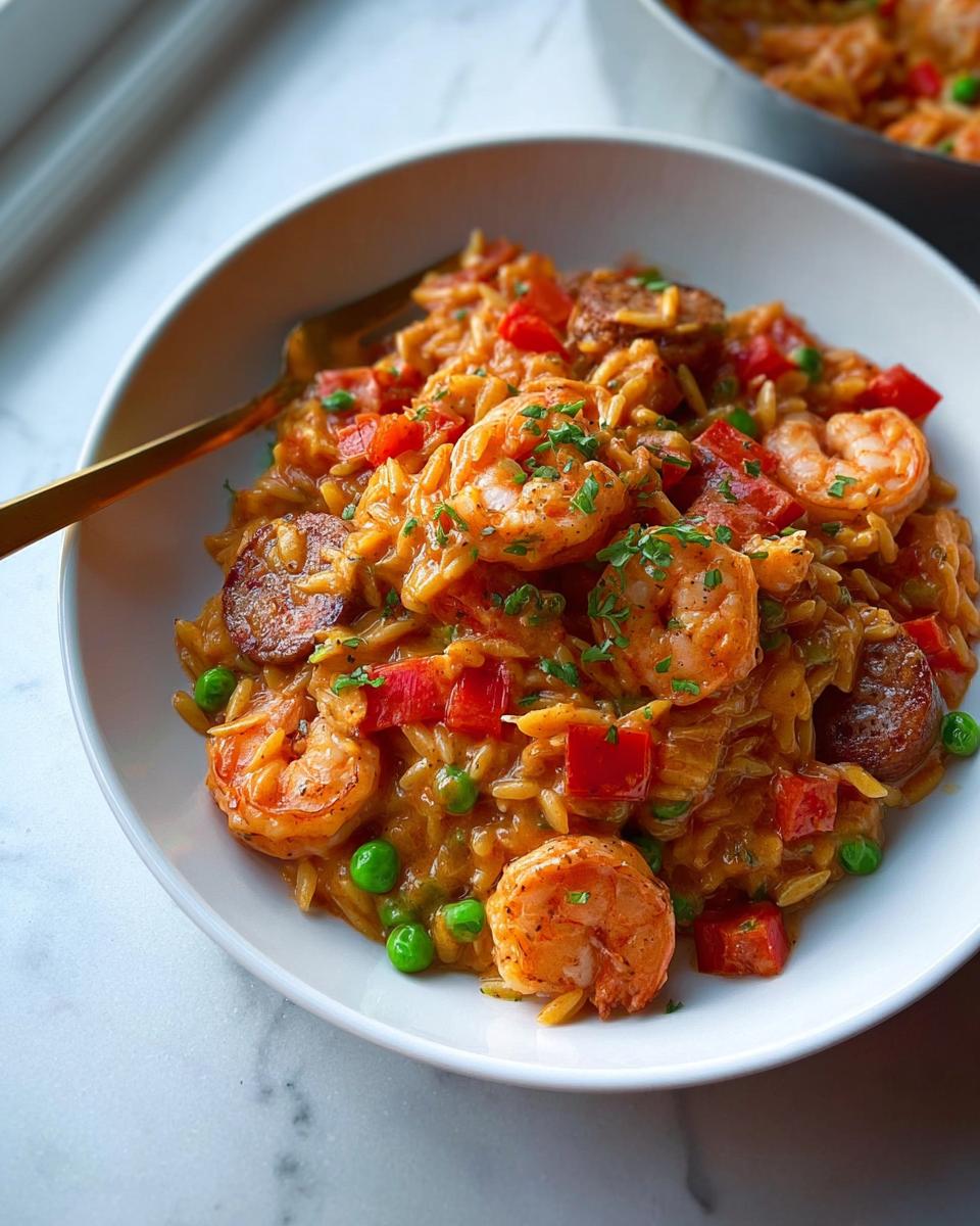 A close-up of a white bowl filled with Cajun Orzo with Shrimp & Sausage, garnished with parsley.
