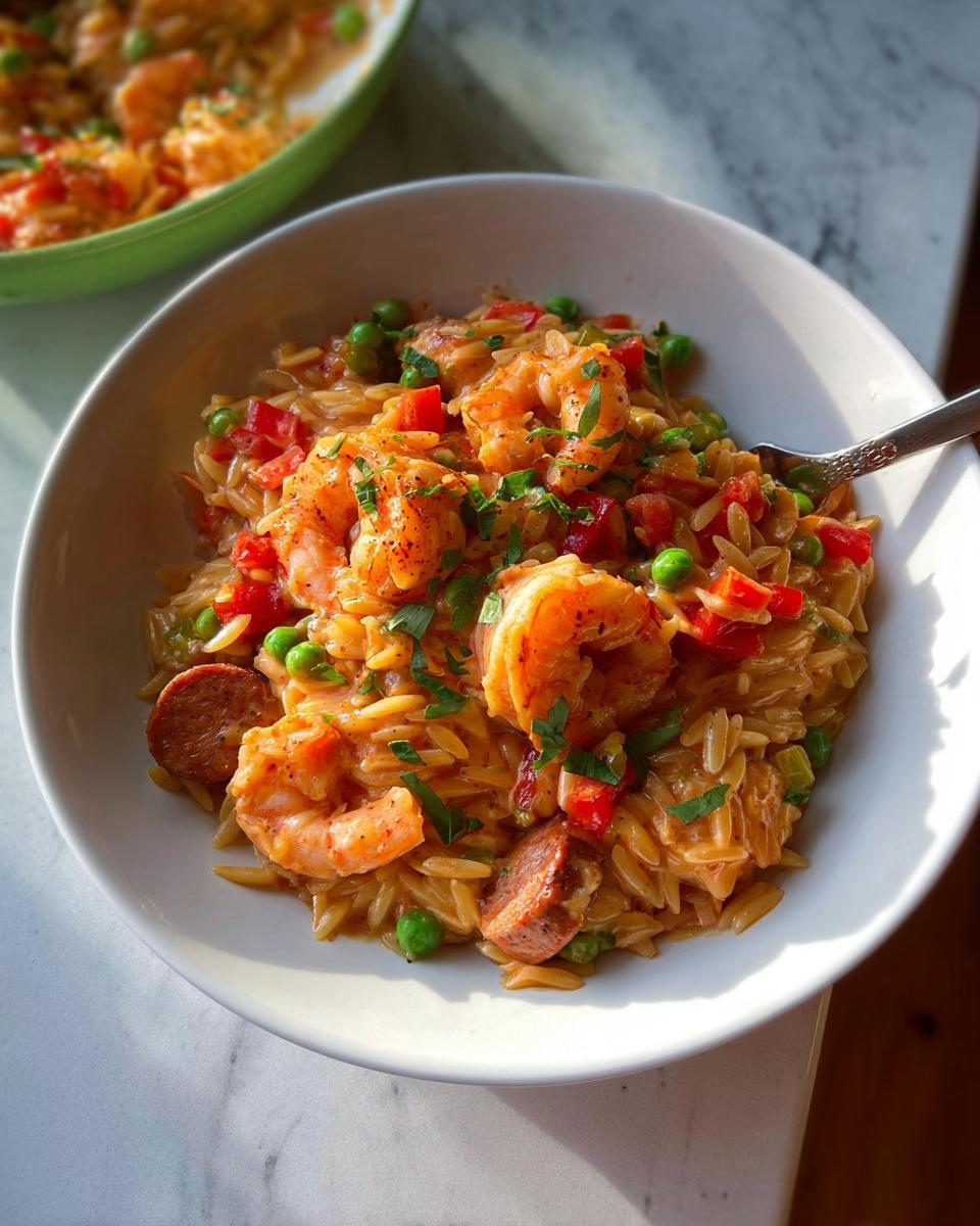 A bowl of delicious Cajun Orzo with Shrimp & Sausage, featuring plump shrimp, sliced sausage, peas, and red peppers.