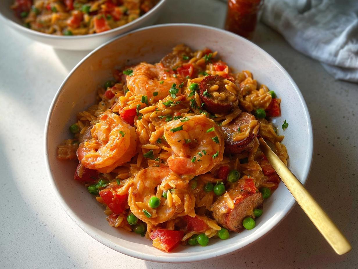 A close-up of a bowl filled with spicy Cajun orzo pasta, featuring plump shrimp, sliced sausage, peas, and diced tomatoes.