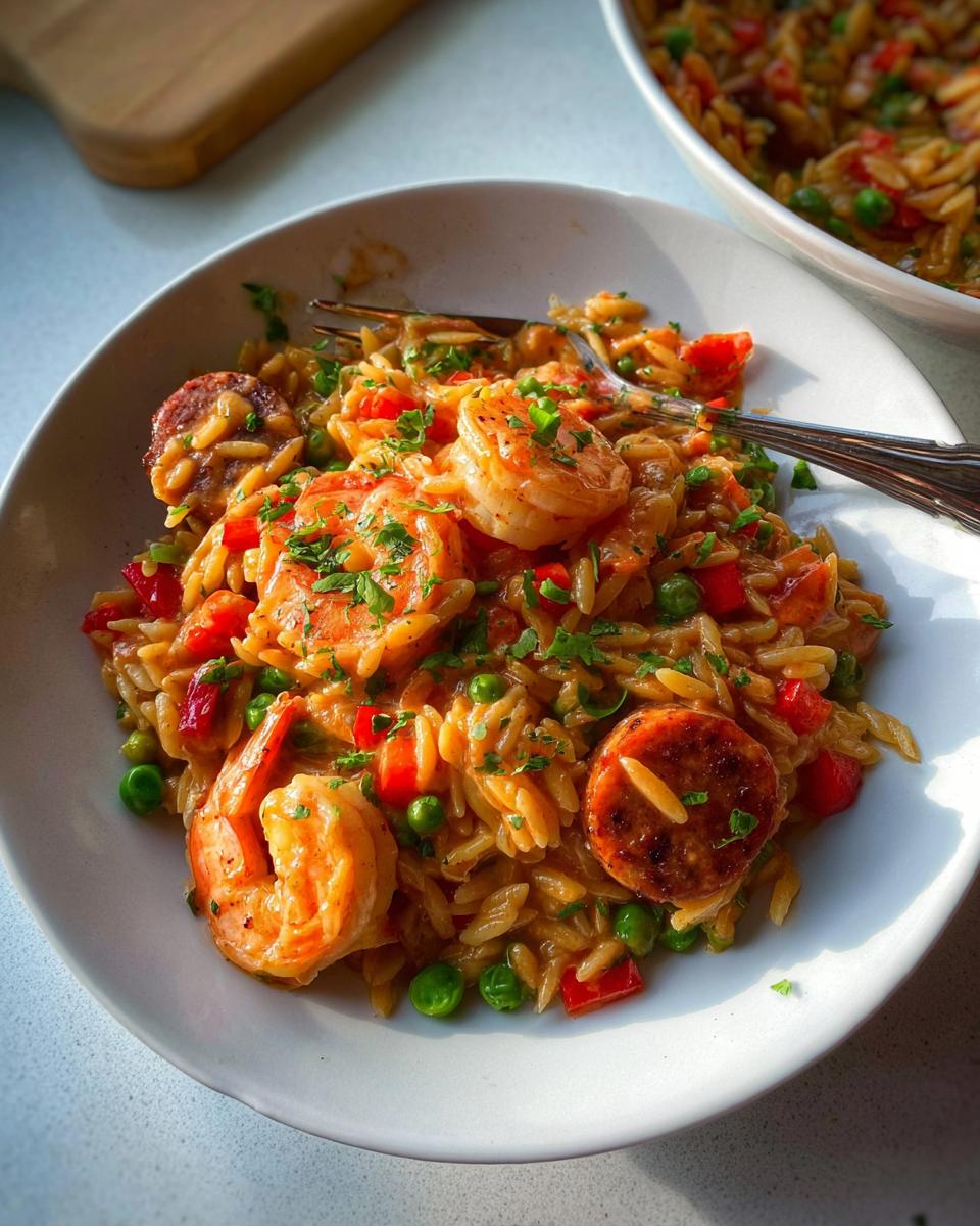 A close-up of a bowl of Cajun Orzo with Shrimp & Sausage, garnished with fresh parsley.