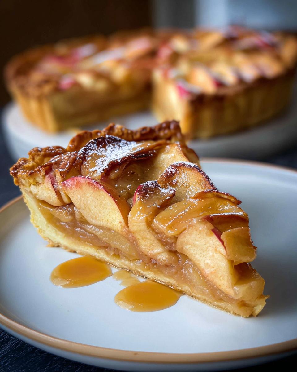 A delicious slice of Caramel Apple Tart, featuring tender apple slices, a golden crust, and a rich caramel drizzle, dusted with powdered sugar.