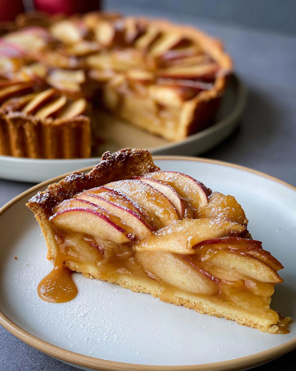 A slice of Caramel Apple Tart on a plate, showcasing thinly sliced apples, gooey caramel, and a dusting of powdered sugar.