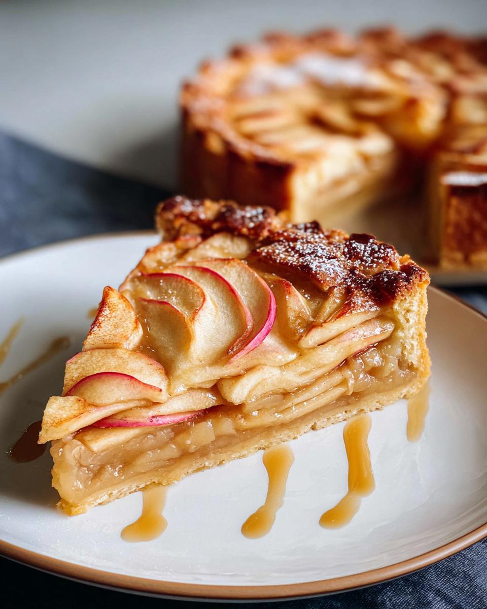 A delicious slice of Caramel Apple Tart, showcasing layers of thinly sliced apples and a caramel drizzle.