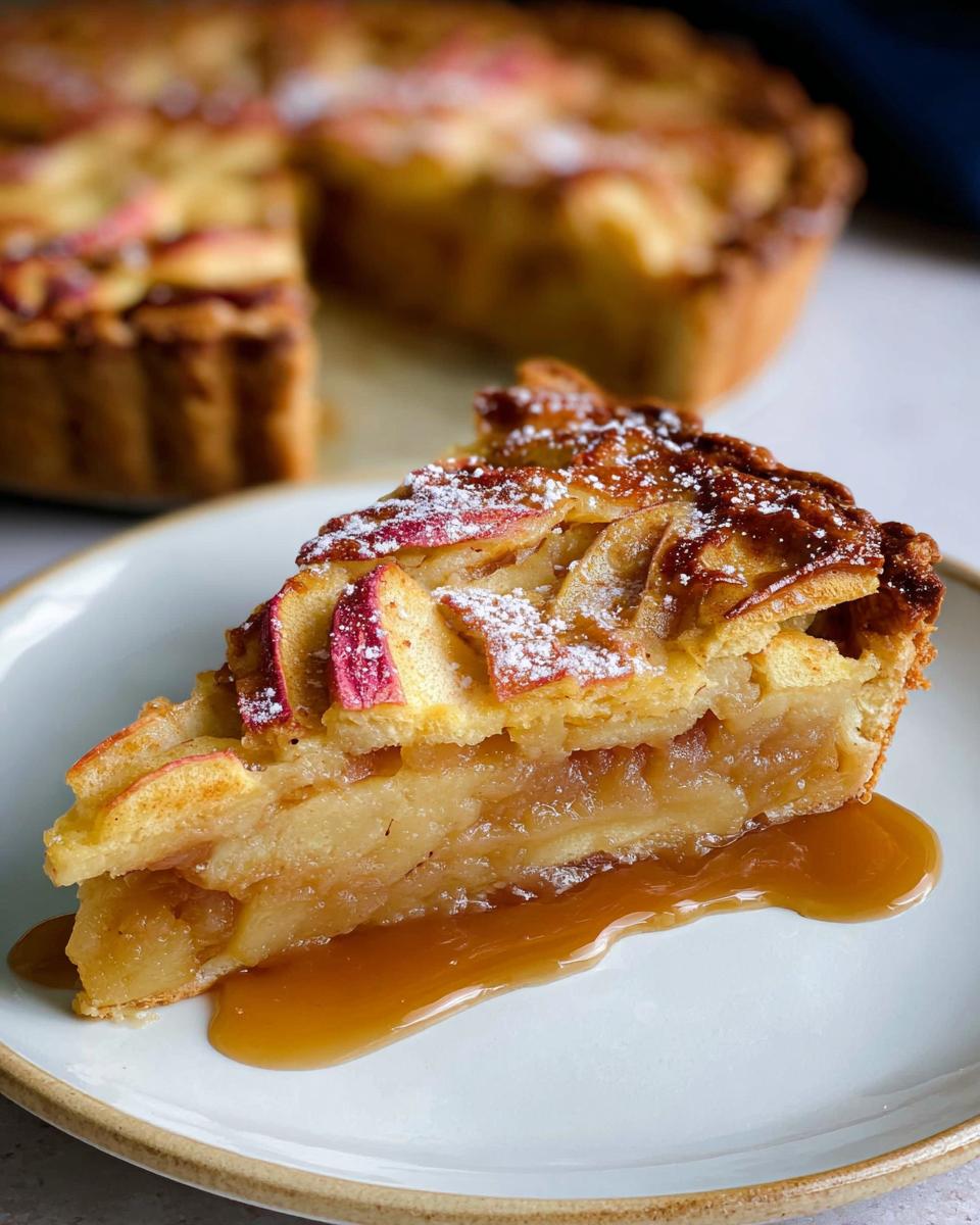 A delicious slice of Caramel Apple Tart, dusted with powdered sugar and drizzled with caramel sauce.