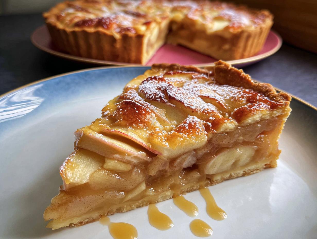 A slice of delicious Caramel Apple Tart, dusted with powdered sugar and drizzled with caramel sauce.