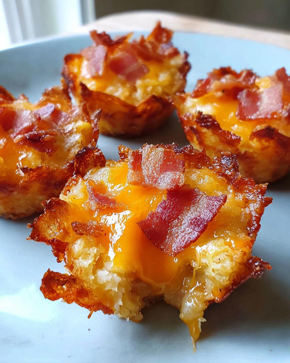 A close-up of a Cheesy Bacon Tater Tot Cup, showing melted cheddar cheese and crispy bacon bits.