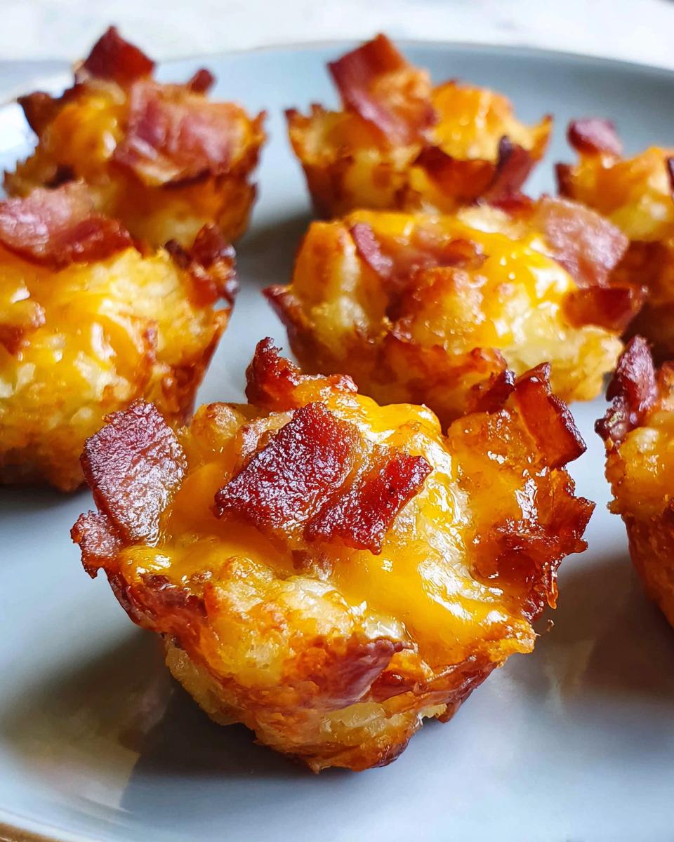 Close-up of delicious Cheesy Bacon Tater Tot Cups, showing crispy tater tots filled with melted cheese and topped with bacon.