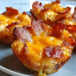 Close-up of Cheesy Bacon Tater Tot Cups, showing melted cheddar cheese and crispy bacon.
