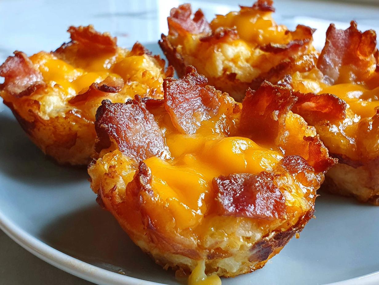 Close-up of Cheesy Bacon Tater Tot Cups, showing melted cheddar cheese and crispy bacon.