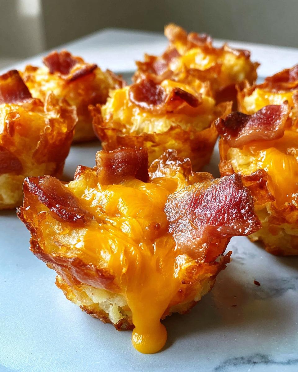 Close-up of Cheesy Bacon Tater Tot Cups with melted cheddar cheese dripping down.