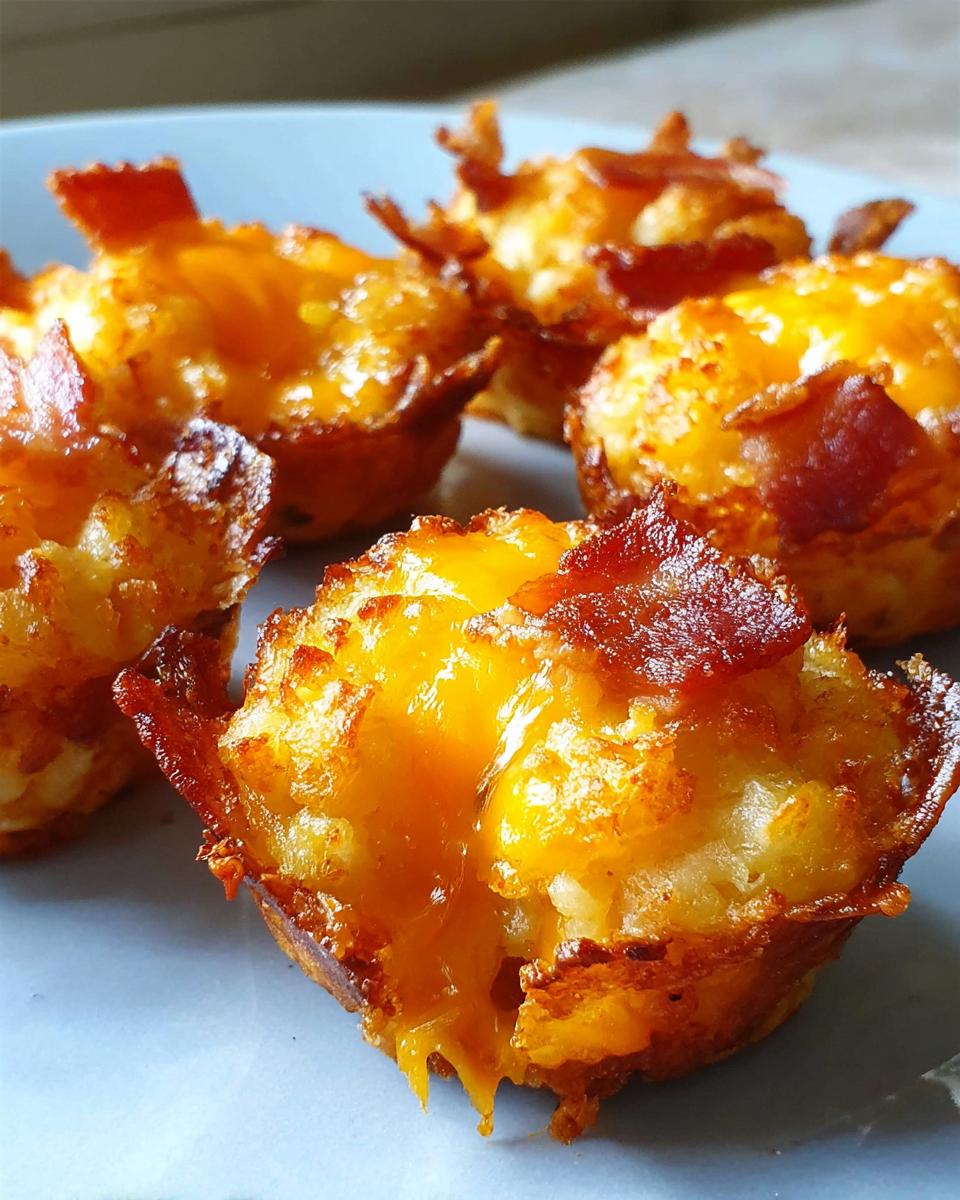 Melted cheese oozing from a Cheesy Bacon Tater Tot Cup, topped with crispy bacon.