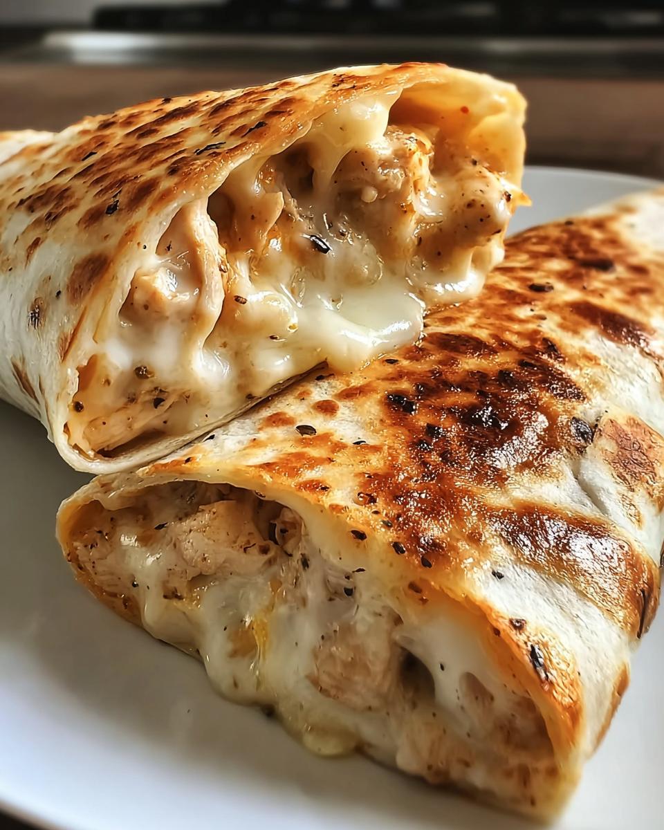 Close-up of two halves of Cheesy Garlic Chicken Wraps with Mozzarella, showing melted cheese and seasoned chicken.