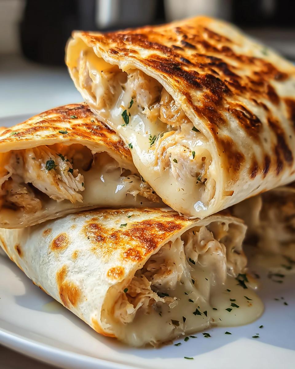 Close-up of Cheesy Garlic Chicken Wraps with Mozzarella, showing melted cheese and seasoned chicken inside a golden-brown tortilla.