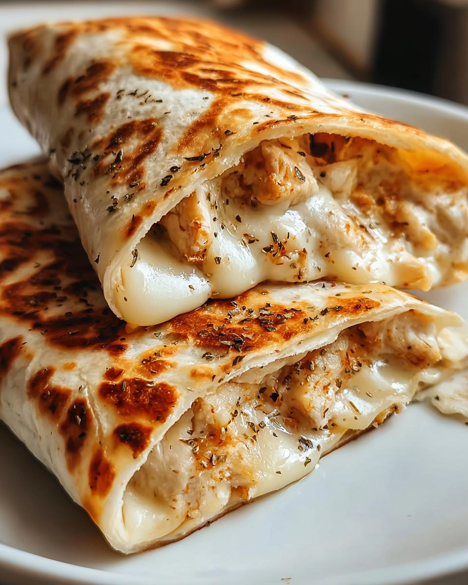 Close-up of two Cheesy Garlic Chicken Wraps with Mozzarella, showing melted cheese and seasoned chicken inside a golden-brown tortilla.