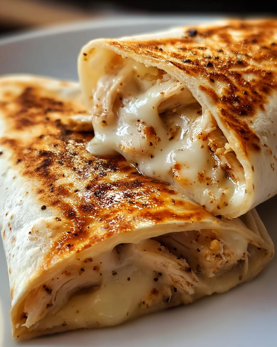 Close-up of Cheesy Garlic Chicken Wraps with Mozzarella, showing melted cheese oozing out.