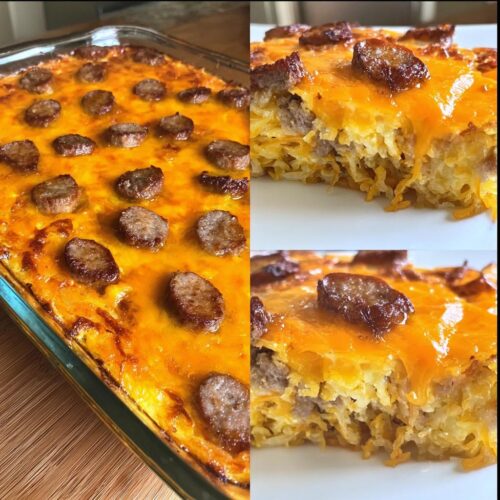 A delicious Cheesy Hashbrown Ranch Bake topped with melted cheddar cheese and sliced sausage.
