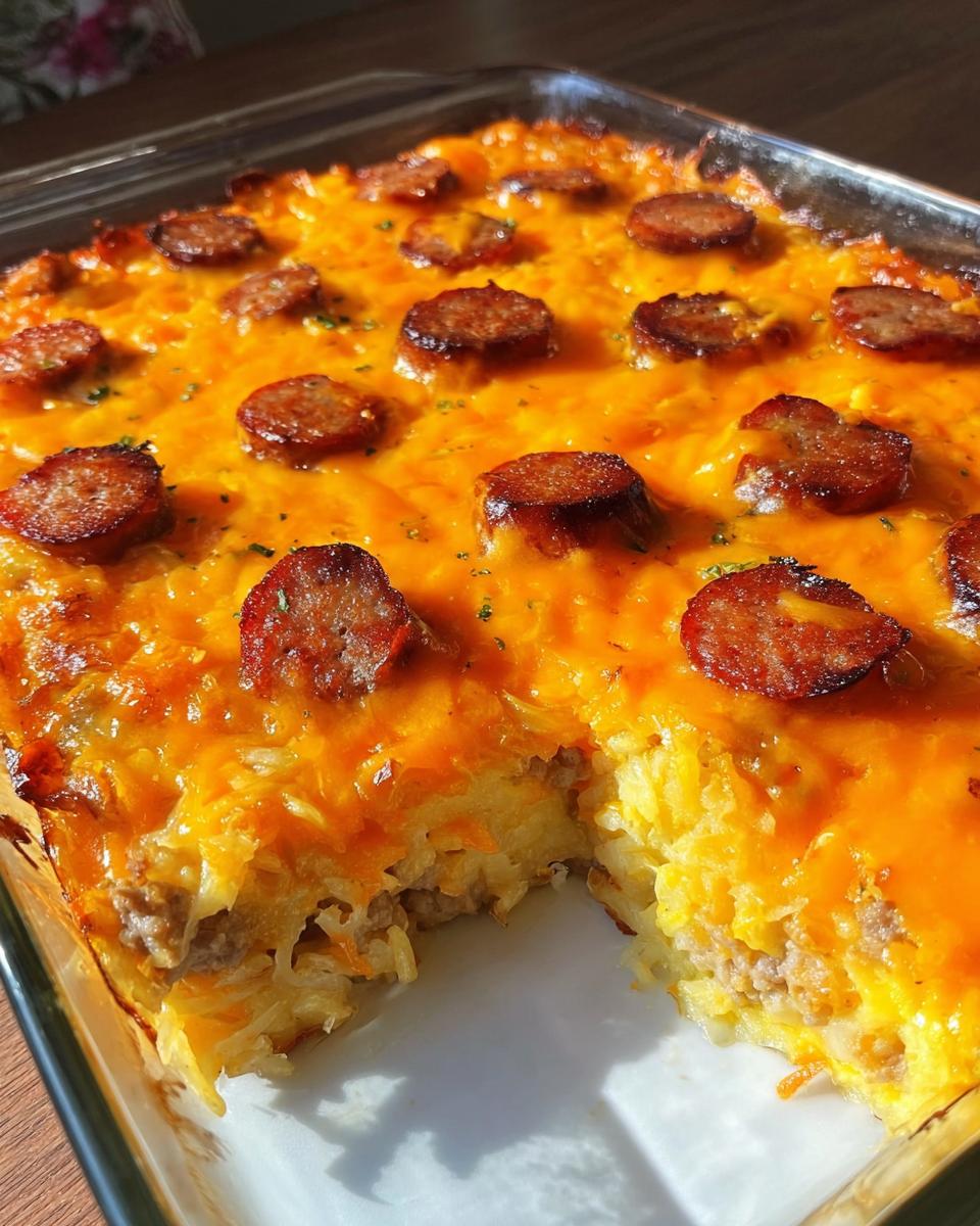 A golden brown Cheesy Hashbrown Ranch Bake topped with melted cheddar cheese and sliced sausage.