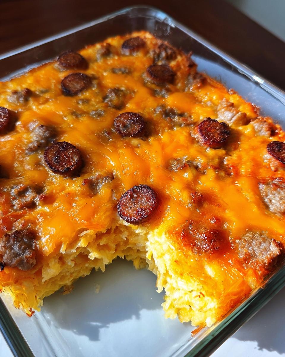 A close-up of a Cheesy Hashbrown Ranch Bake topped with melted cheddar cheese and sliced sausage.