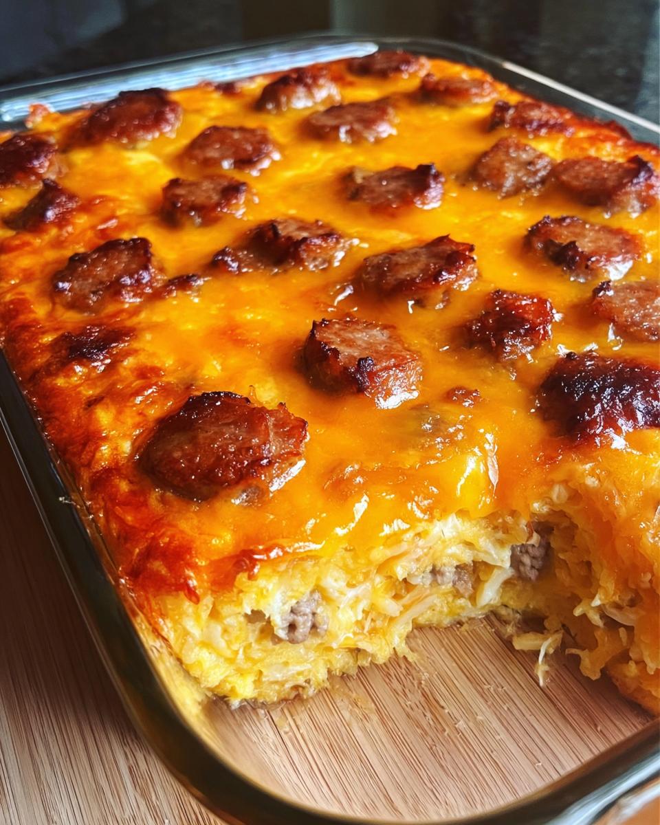A close-up of a Cheesy Hashbrown Ranch Bake in a glass baking dish, topped with melted cheese and sausage slices.