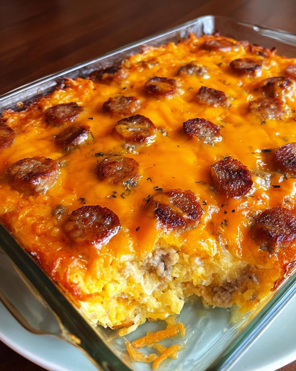 A close-up of a Cheesy Hashbrown Ranch Bake in a glass dish, topped with melted cheddar cheese and sliced sausage.