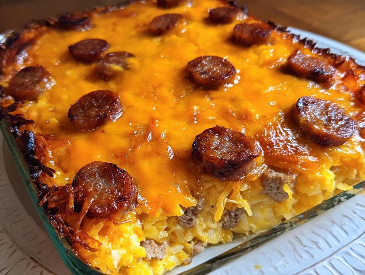 A close-up of a Cheesy Hashbrown Ranch Bake in a glass dish, topped with melted cheddar cheese and sliced sausage.