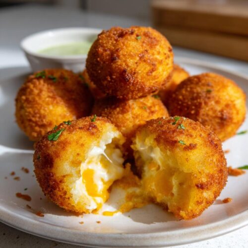 Close-up of golden brown Cheesy Potato Croquettes, one split open revealing a molten cheese center.