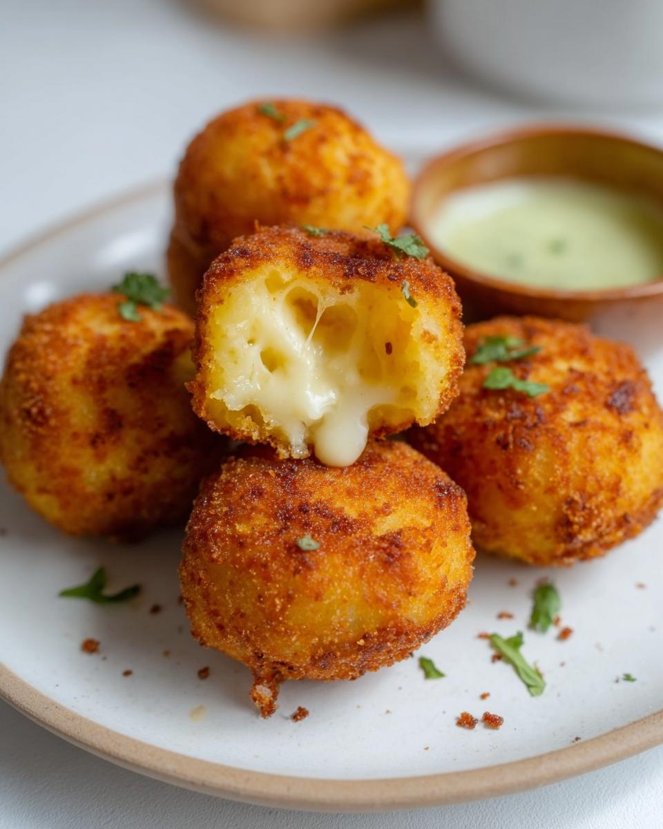 Close-up of creamy cheesy potato croquettes, one broken open to reveal a gooey melted cheese center, garnished with fresh herbs.