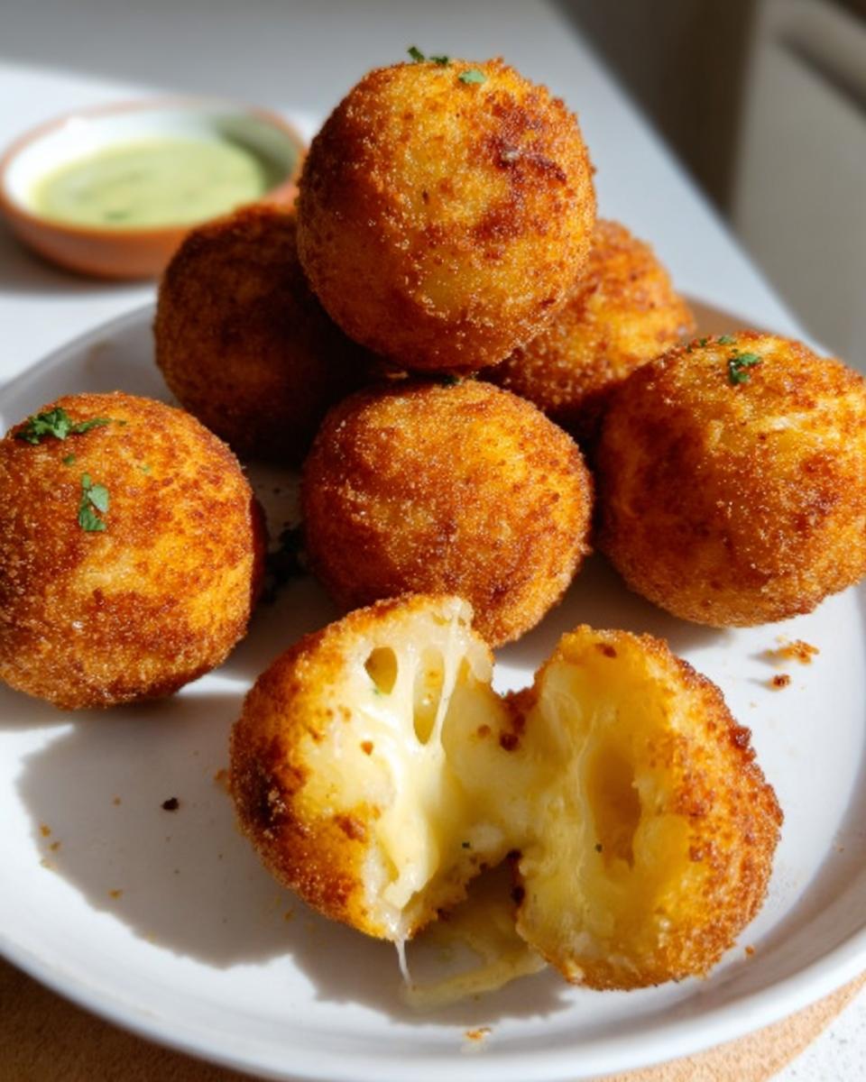 A plate of golden-brown Cheesy Potato Croquettes, with one broken open to reveal a molten cheese filling.