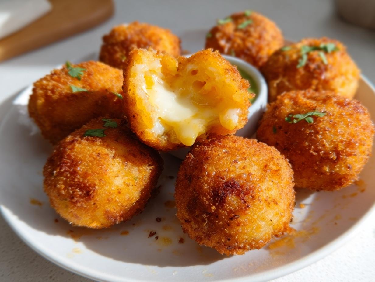 Close-up of golden brown Cheesy Potato Croquettes on a white plate, one is broken open revealing a molten cheese center.