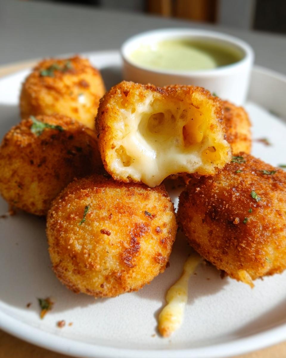 A close-up of golden-brown Cheesy Potato Croquettes, one cut open to reveal a gooey, melted cheese center.