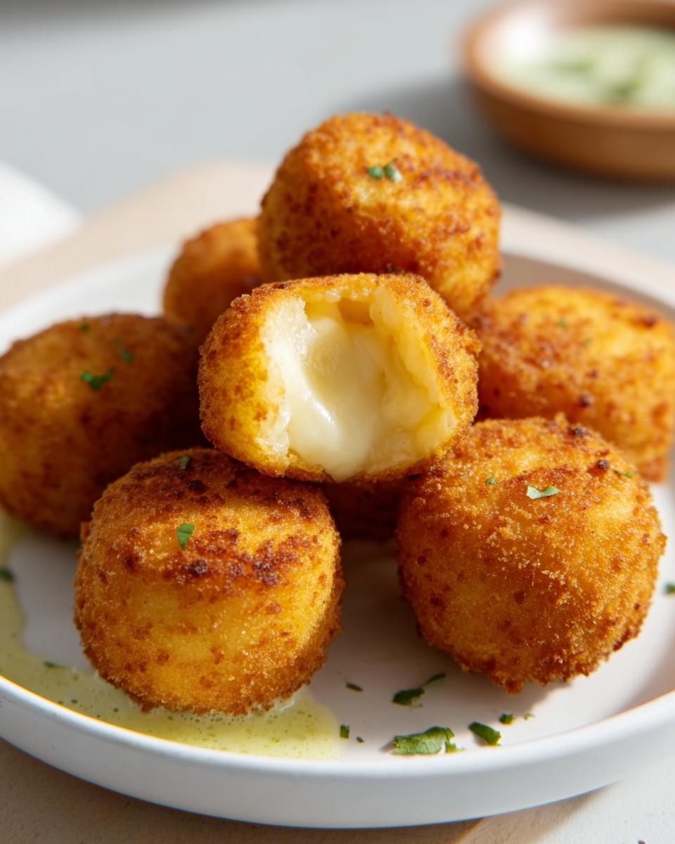 Close-up of golden-brown Cheesy Potato Croquettes, one is broken open revealing a gooey melted cheese center.