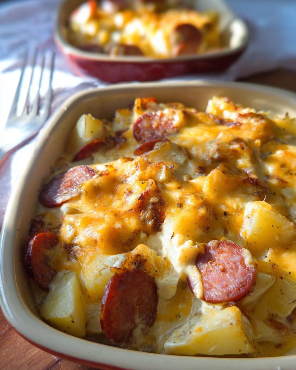 Close-up of a bubbling Cheesy Ranch Potato & Sausage Casserole, with golden melted cheese and sliced sausage.
