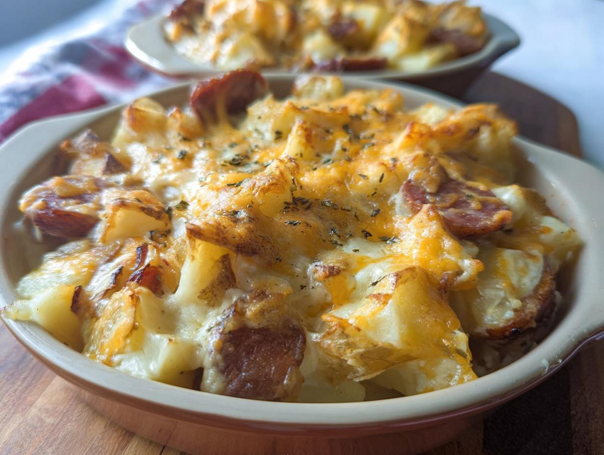 Close-up of a Cheesy Ranch Potato & Sausage Casserole, showing baked potatoes, sausage slices, and melted cheese.