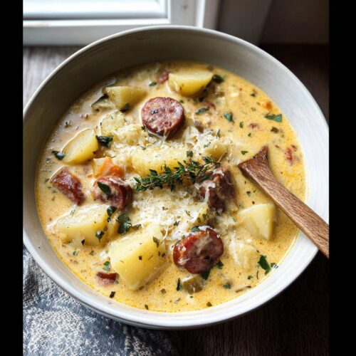 A bowl of creamy Cheesy Ranch Potato Soup with Smoked Sausage, filled with chunks of potato, sausage, and herbs.