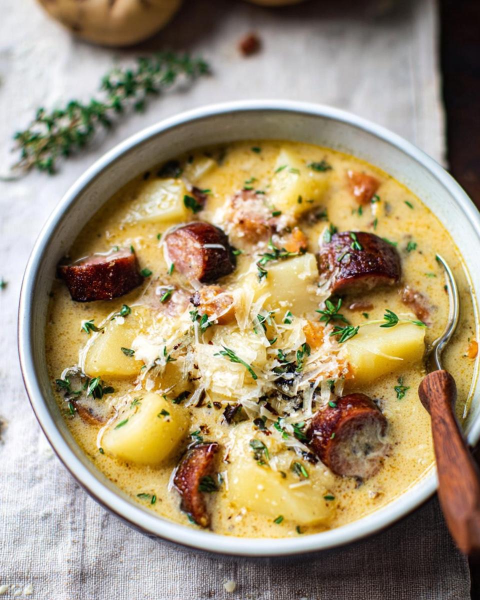 A close-up of a bowl of Cheesy Ranch Potato Soup with Smoked Sausage, featuring chunks of potato, sausage, and herbs.