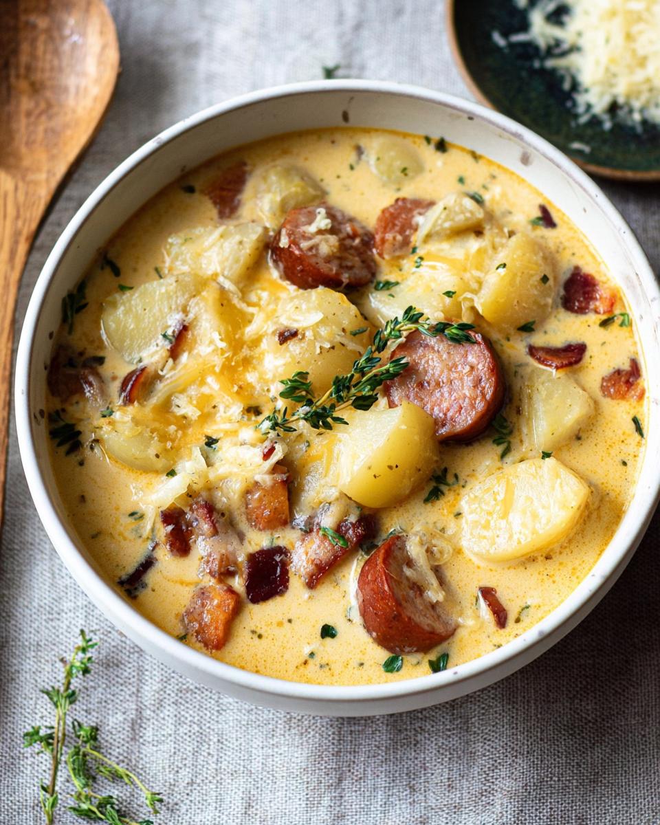 A bowl of creamy Cheesy Ranch Potato Soup with Smoked Sausage, topped with shredded cheese and fresh herbs.