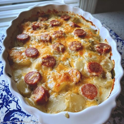 A close-up of Cheesy Ranch Scalloped Potatoes baked in a white casserole dish, topped with melted cheddar cheese and sliced sausage.