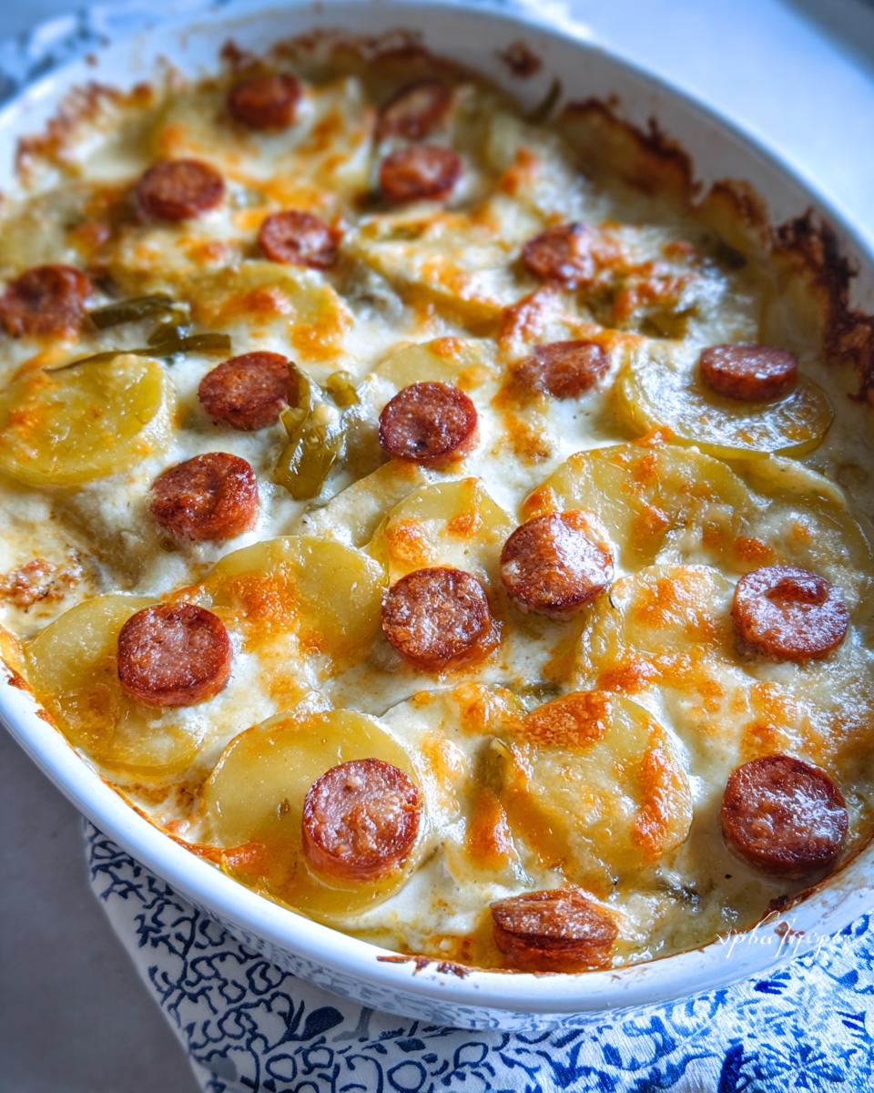 Close-up of Cheesy Ranch Scalloped Potatoes baked in a white dish, topped with sliced sausage.