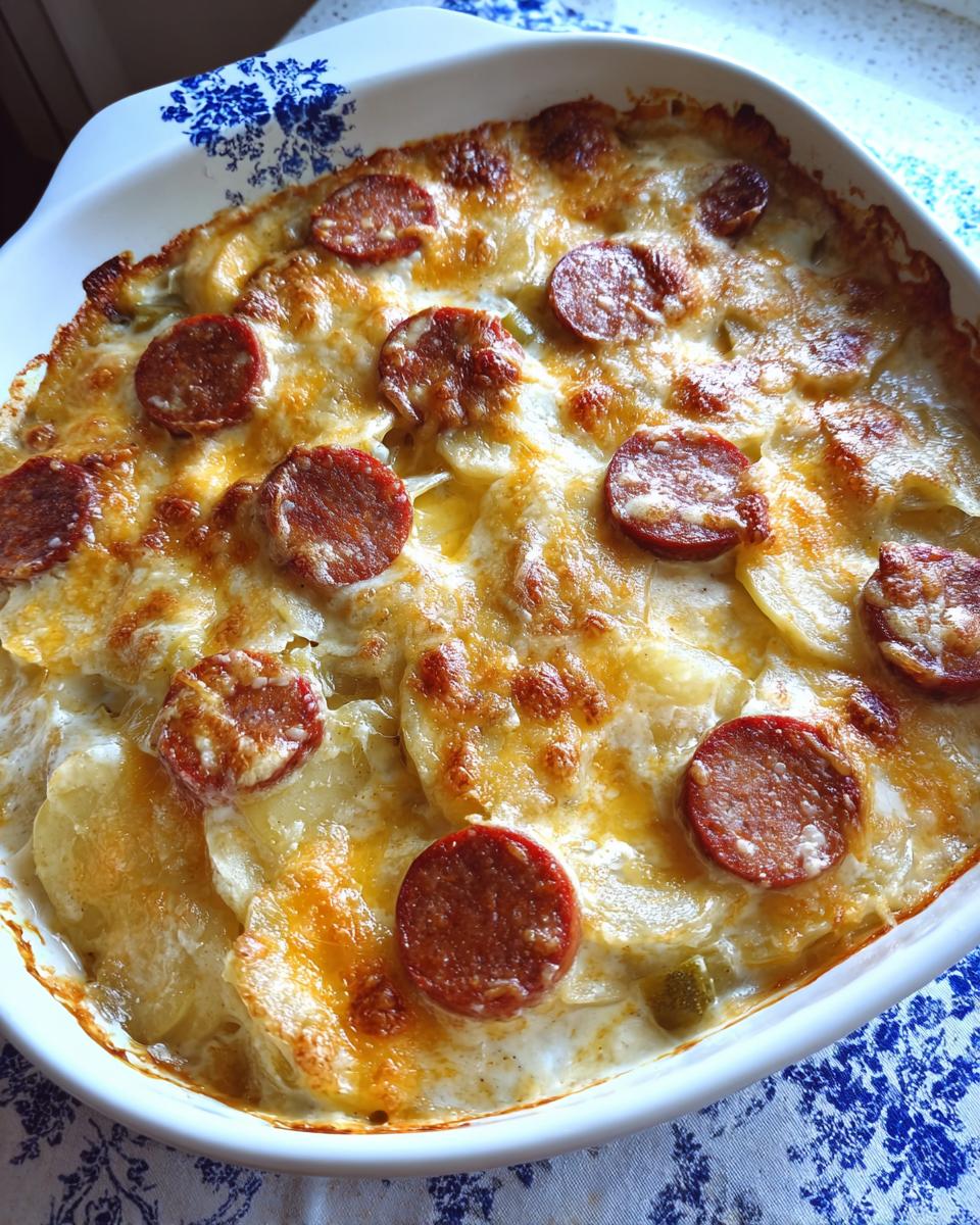 Close-up of Cheesy Ranch Scalloped Potatoes baked in a white dish, topped with melted cheese and sliced sausage.