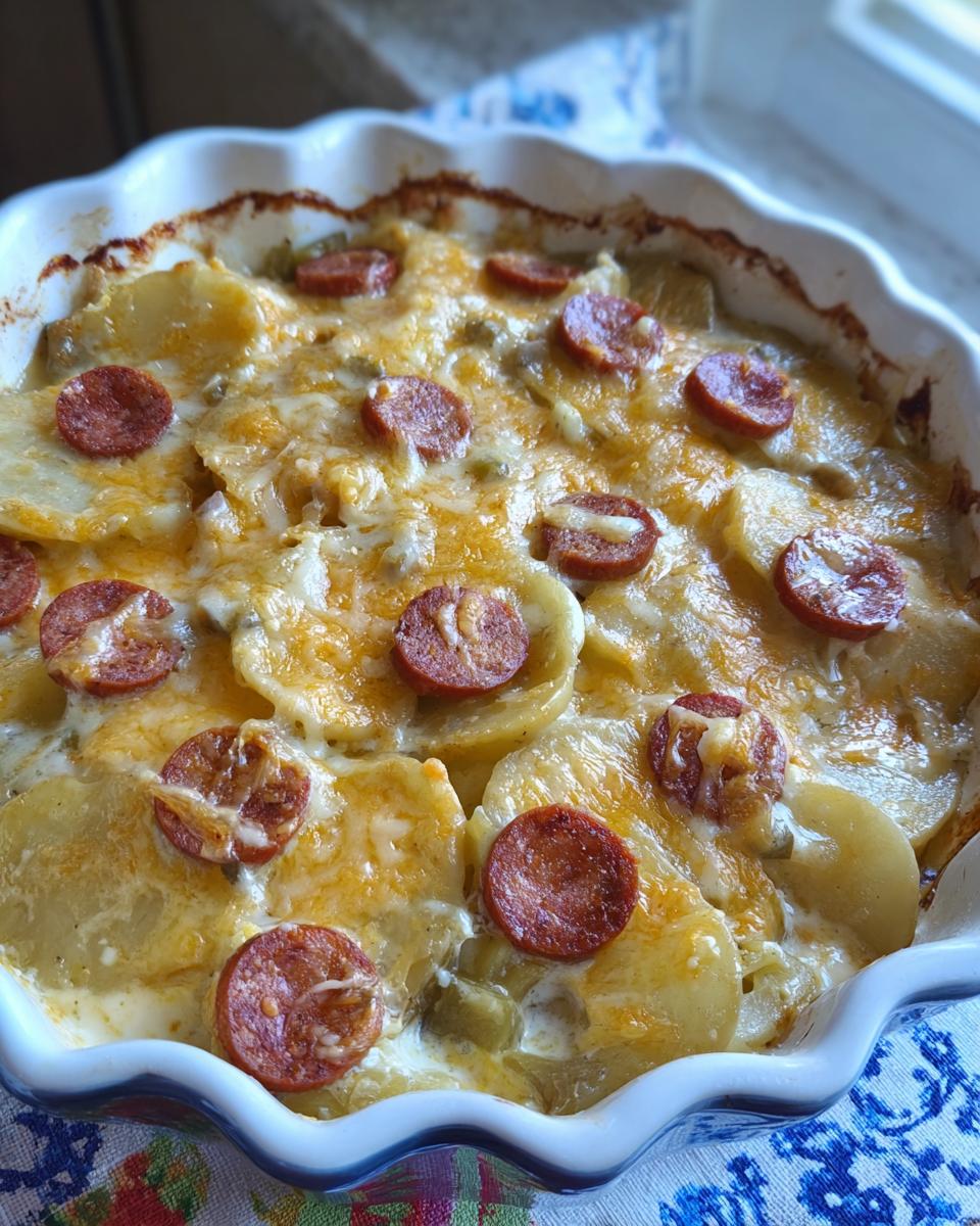 Close-up of Cheesy Ranch Scalloped Potatoes baked in a white casserole dish, topped with sliced sausage.