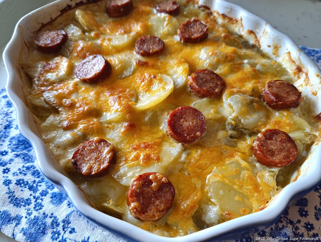 Close-up of Cheesy Ranch Scalloped Potatoes baked in a white dish, topped with sliced sausage.