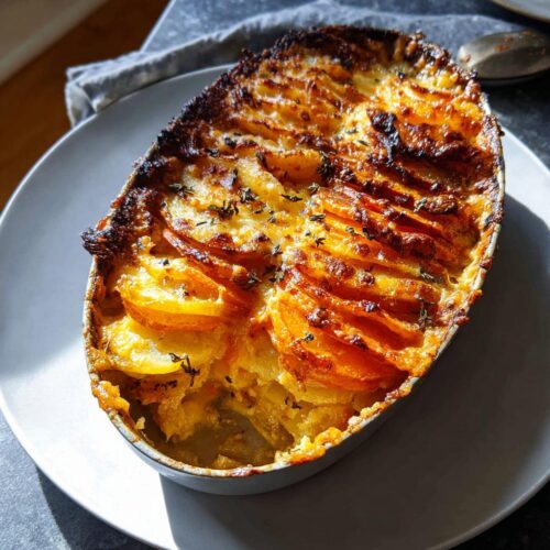 A golden-brown, baked Cheesy Root Vegetable Gratin in an oval dish, topped with herbs.