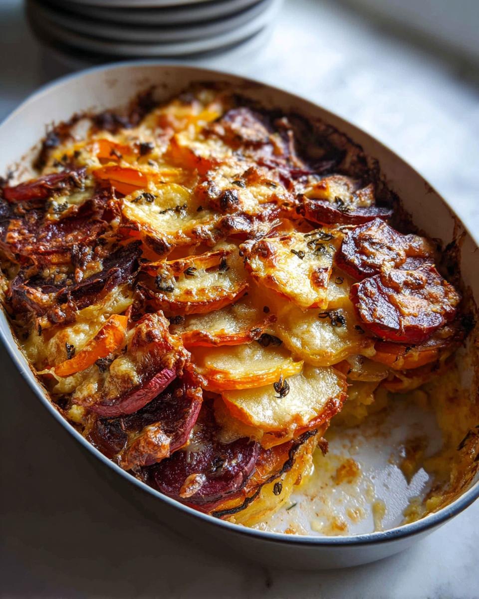 A close-up, overhead view of a Cheesy Root Vegetable Gratin baked to golden perfection in a ceramic dish.