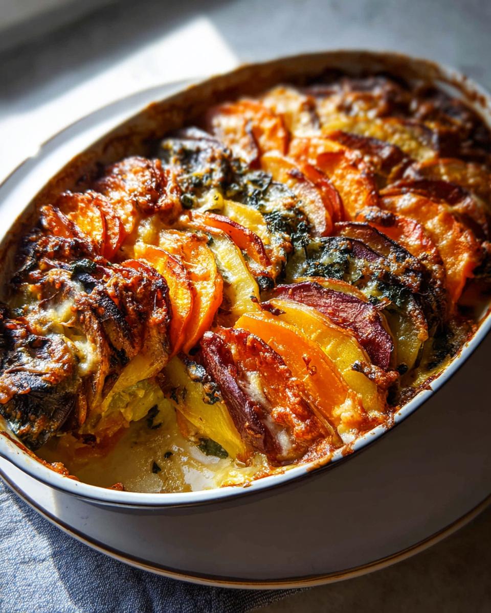 Close-up of a Cheesy Root Vegetable Gratin, featuring thinly sliced potatoes, sweet potatoes, and beets baked in a creamy sauce.
