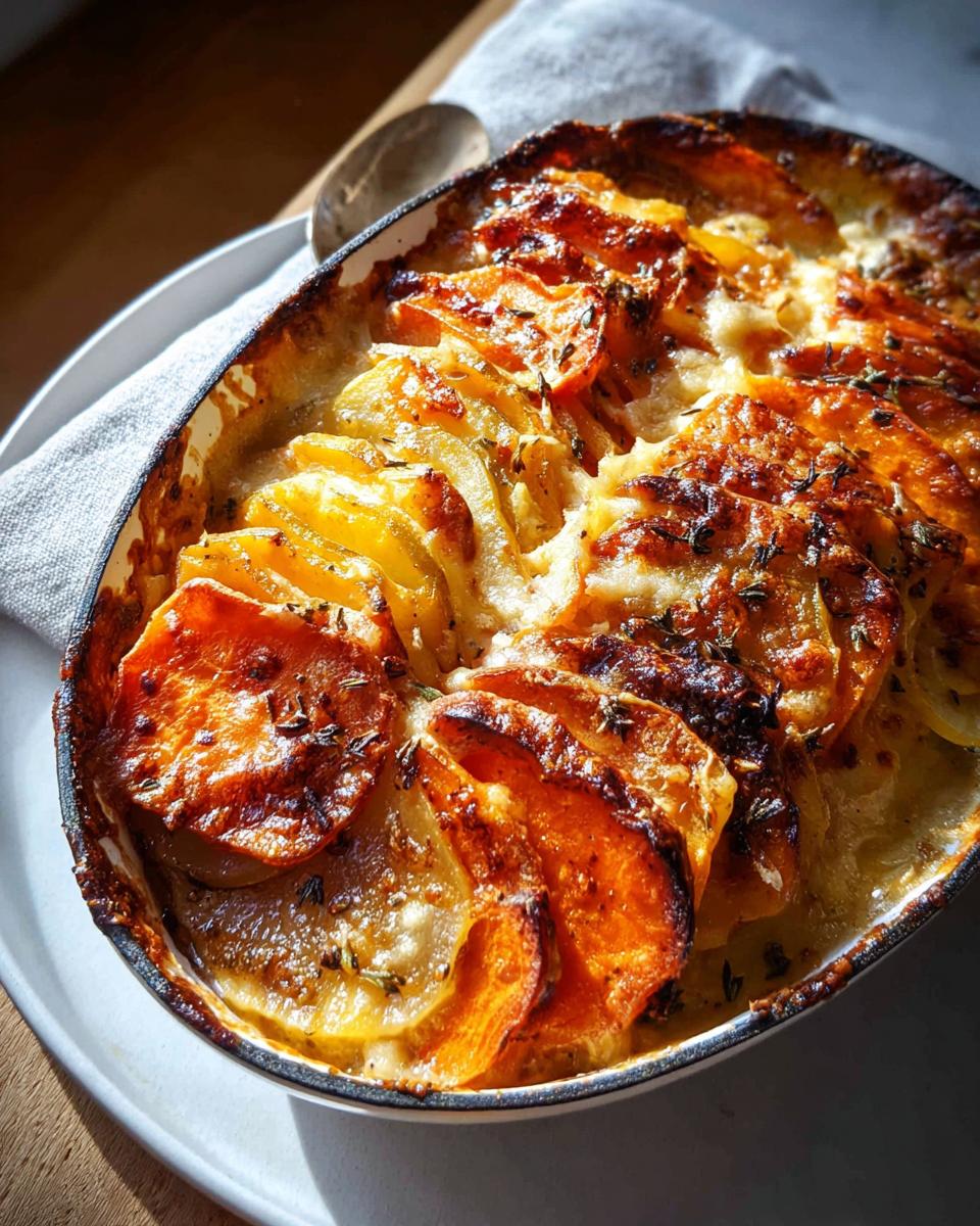 Close-up of a golden-brown Cheesy Root Vegetable Gratin, featuring layers of thinly sliced potatoes and sweet potatoes baked with creamy cheese and herbs.