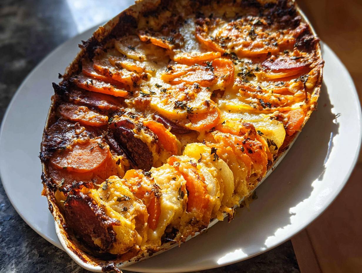 A close-up of a freshly baked Cheesy Root Vegetable Gratin in a white baking dish, showcasing layers of thinly sliced potatoes and carrots with melted cheese.