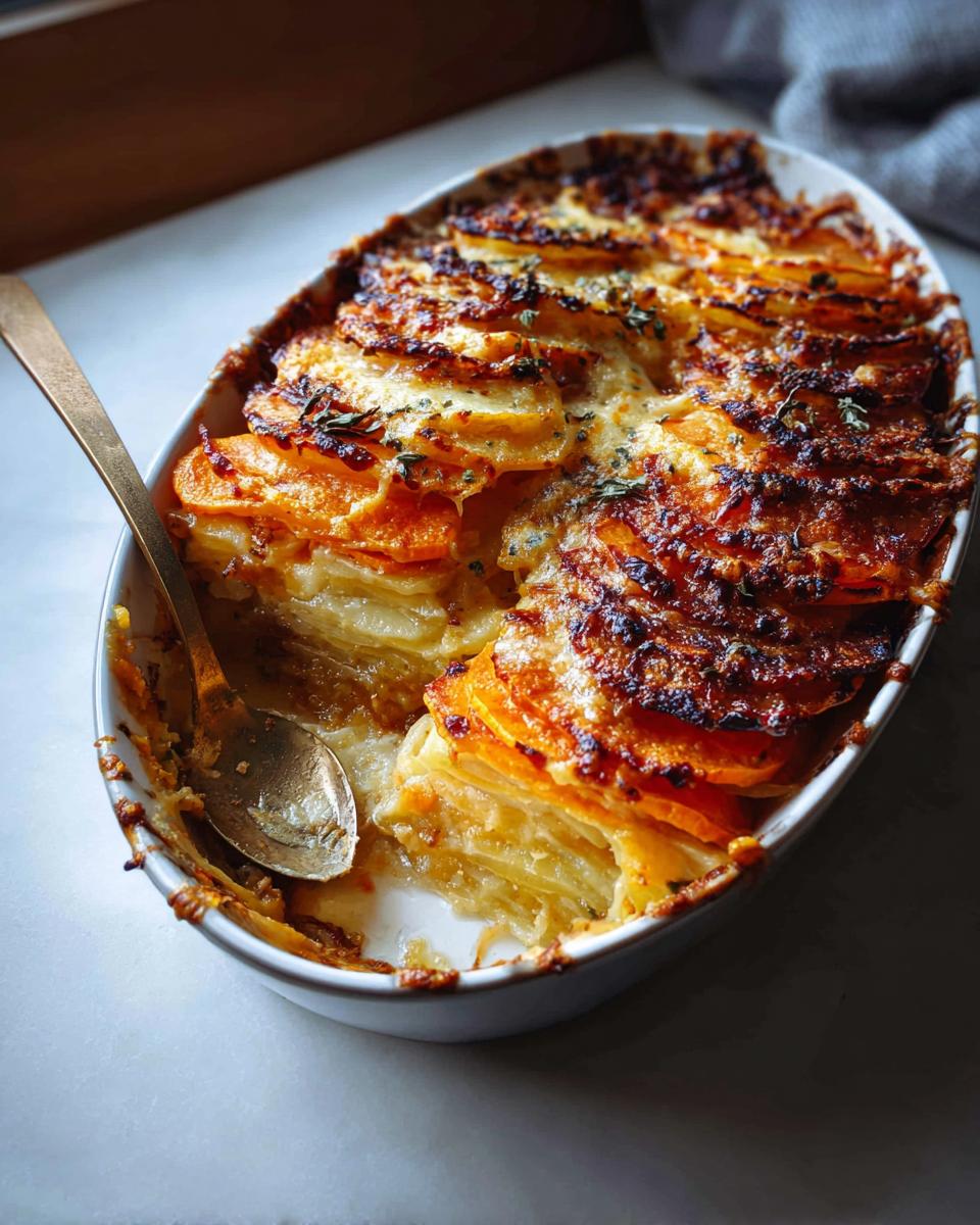 A golden-brown Cheesy Root Vegetable Gratin, with layers of thinly sliced potatoes and sweet potatoes, baked in an oval dish with a spoon.