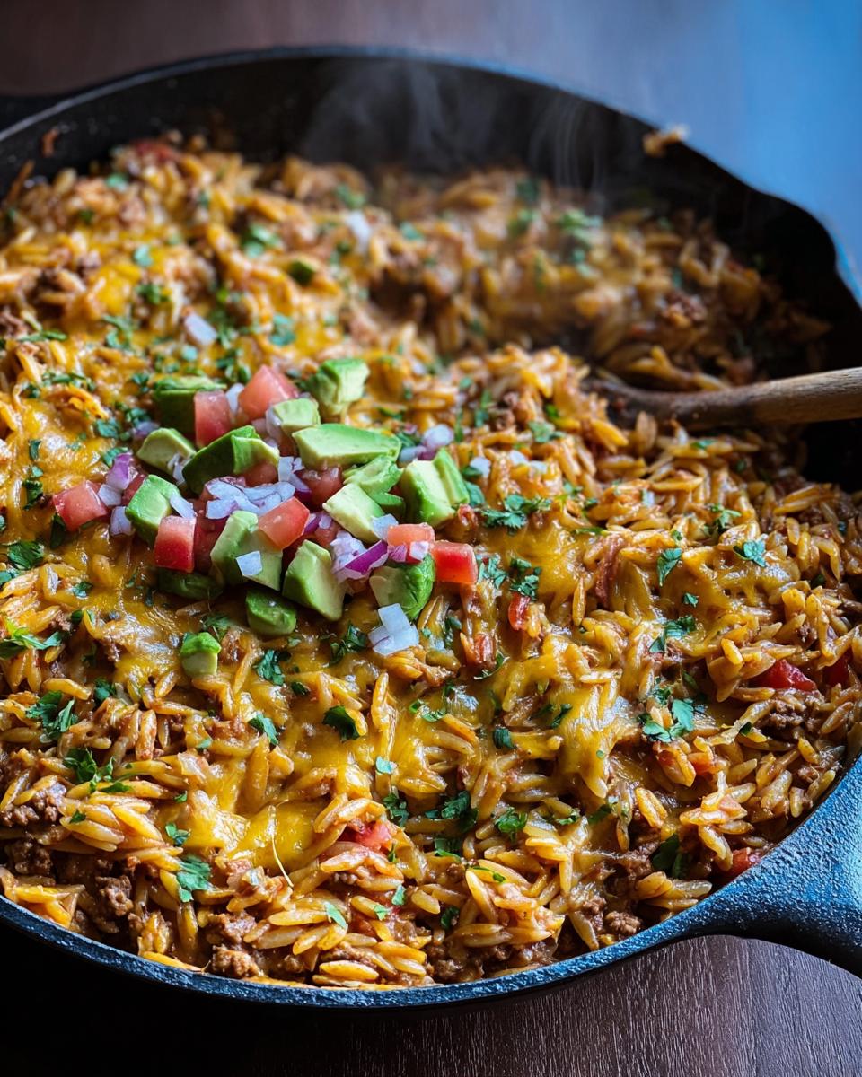 A close-up of a Cheesy Taco Orzo Skillet Dinner topped with avocado, red onion, tomato, and cilantro.
