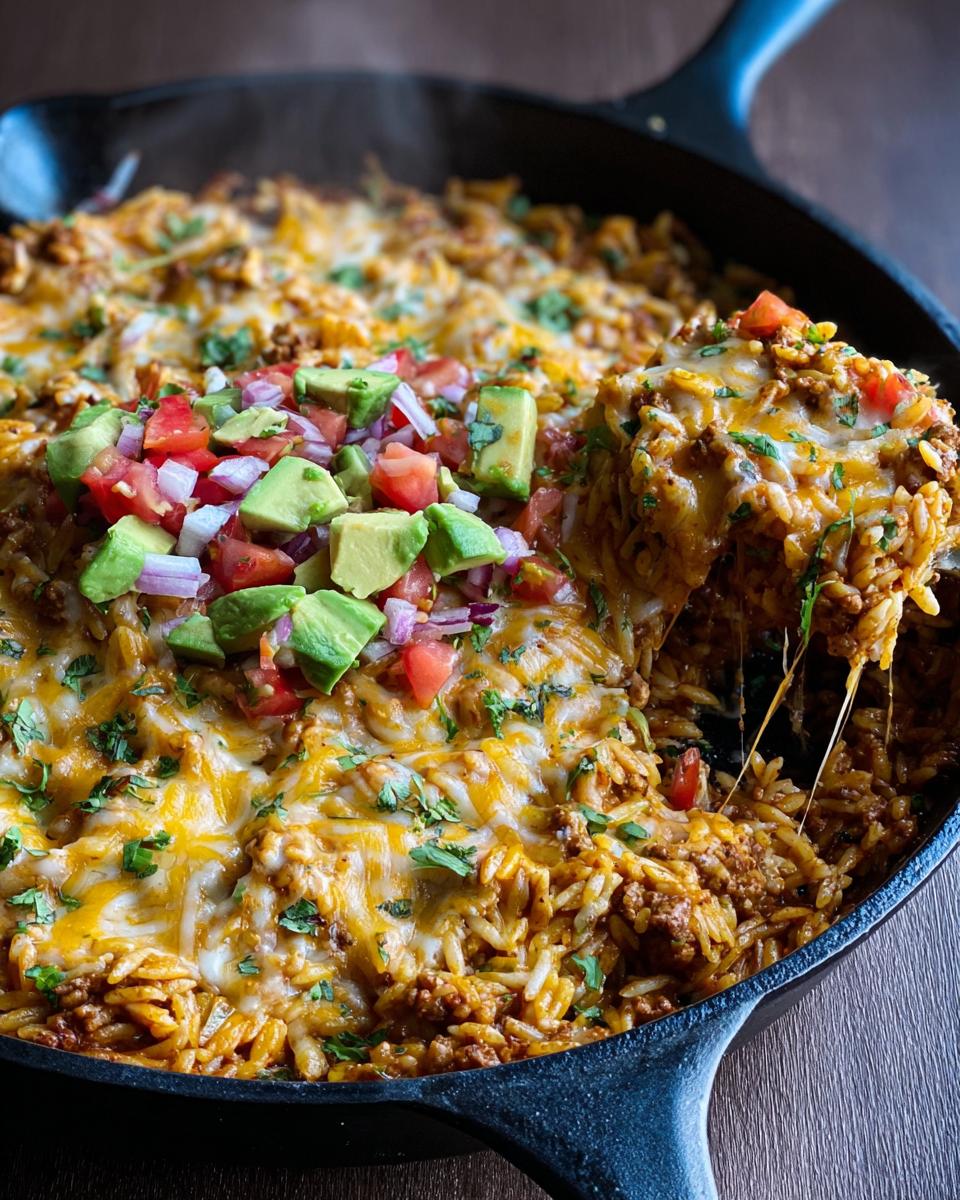 A scoop of Cheesy Taco Orzo Skillet Dinner with melted cheese, topped with fresh avocado, tomato, and red onion salsa.