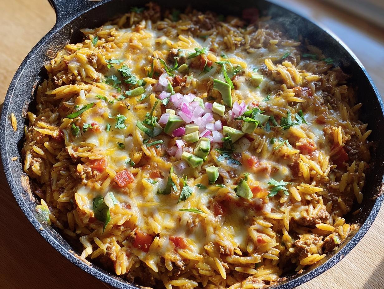 A close-up of a Cheesy Taco Orzo Skillet Dinner in a cast iron pan, topped with avocado, red onion, and cilantro.